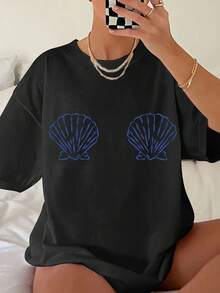 Women's White & Blue Tropical Seashell & Starfish Print T-Shirt - Soft Breathable Short Sleeve Beach Shirt, Loose Fit Casual Summer Top With Turquoise Shell Design, Machine Washable For Pool Parties, Vacation Outfits & Casual Attire - 黑色 - 查看 11