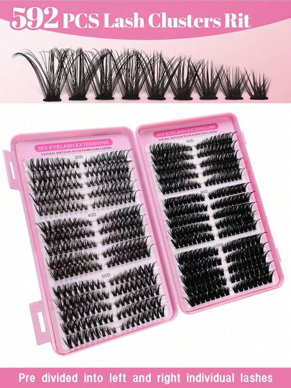 طقم إطالة رموش DIY بتجمع 592 قطعة، صندوق تجمع الرموش مع 30 صف من طقم إطالة الرموش الصناعية، 30+40+50+60+80+100D رموش، 30P-100PRO، 30 صف من رموش صناعية رفيعة وسميكة