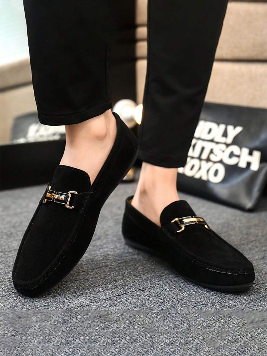 1 双男士乐福鞋,2025 新款套脚休闲驾车鞋,透气软底,纯色布面鞋,平底防滑,正式商务轻便莫卡辛鞋(尺码偏小,建议选大一码) - 黑色 - 查看 1