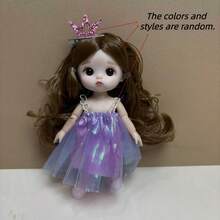 新款6.3英寸时尚女孩娃娃 1/8 BJD娃娃，可爱妆容，可动关节，裸素体 OB11，卡哇伊卡通3D逼真眼睛，漫画脸，卡哇伊娃娃服装，派对礼物，时尚美丽的薄纱连衣裙娃娃 - 彩色 - 查看 6