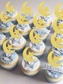 12/24 件装闪光月亮星星纸杯蛋糕装饰插牌，穆蛋糕装饰插牌，闪亮新月和星星蛋糕签，生日婚礼穆派对蛋糕装饰用品 - 彩色 - 查看 3