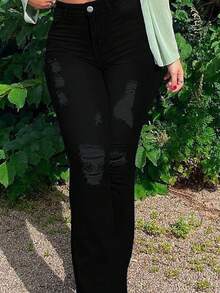 Women's Mid-Rise Flare Jeans - Stretchy Distressed Denim Jeans, Classic Washed Solid Color Retro Style, Casual Everyday Wear - Black - View 5