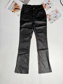 娇小女款PU皮革喇叭裤，中等弹力拉链修身长裤 - 黑色 - 查看 6