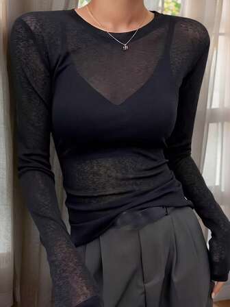 2025 Vår/Höst Dam Rundringad Layered T-shirt, Transparent Mesh Långärmad Tunn Blus