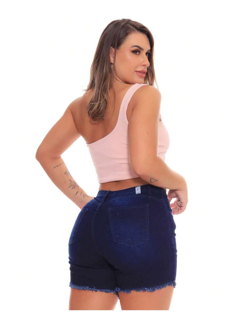 Women Denim Shorts - 深色水洗藍 - 查看 9