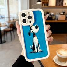Funda de teléfono con borde negro y diseño de perro animado sobre fondo azul para uso diario en cafeterías y espacios urbanos Aplicable a los teléfonos de la serie Apple y Galaxy - Blanco - Ver 7