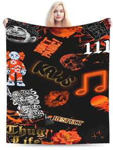 Kawss Kawaii Kaw Blanket Anime Themed Comfort Blanket - Soft Flannel Throw, Perfect Gift For Fans, For Christmas, Birthday, Halloween, For Cozy Home Use & Camping Trips - 黑色 - 查看 2