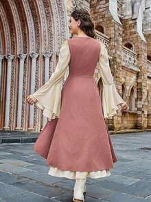 Trang phục thời Trung cổ Phục Hưng dành cho nữ, trang phục cướp biển nông dân, áo vest, váy công chúa phong cách Steampunk thời Victoria 2 mảnh màu trơn - Màu Hồng Tươi - Xem 2