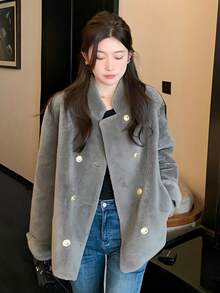 Elegant Winter Women Coat Fashion Grey Fuzzy Coats Chic Party Prom Fluffy Fur Jackets Long Sleeve Fur Jacket Female New Streetwear Going Out Tops With Pocket Warm Thick Halloween Christmas New Year Clothes Thanksgiving Outfit