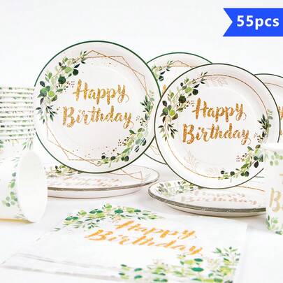 Bộ đĩa, khăn ăn, cốc dùng một lần Green Leaf Happy Birthday, đồ dùng tiệc tùng, phù hợp cho 10 khách, đĩa giấy dùng một lần, đồ dùng tiệc tùng thích hợp cho sinh nhật, đám cưới, tiệc tùng, dã ngoại gia đình