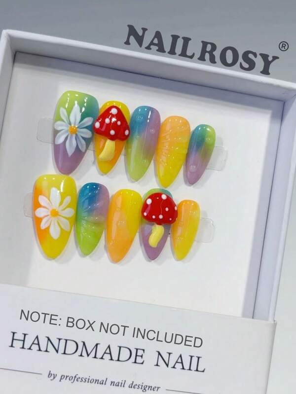 nailrosy 10 Unhas Postiças Acrílicas Artesanais com Estampa de Cogumelos e Bolinhas, Vermelhas, Brancas e Multicoloridas, Formato Amêndoa Médio, Curtas, Curvas 3D e Florais, Unhas Postiças para Casamento, Aniversário, Festa, Estilo Y2K, Unhas Francesas Delicadas