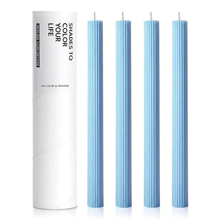 10inch Candle Sticks, Ribbed Taper Candles, Sky Blue, 4-Pack, Unscented{Inchsize_nameinch:InchRibbedinch,Inchcolor_nameinch:InchSkyBlueinch} - SkyBlue - View 1