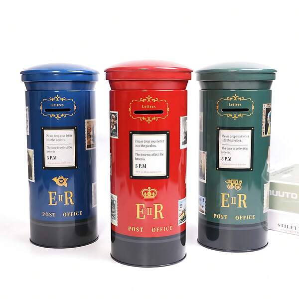 1 pieza Hucha de hierro con estilo vintage, caja de dinero, diseño clásico de buzón británico, tarro de ahorro redondo con tapa abatible, alcancía decorativa, perfecta como regalo de Año Nuevo o cumpleaños para amigos y familiares, o como accesorio de escritorio.