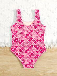Young Girl' Cartoon Mermaid Print Strap One-Piece Swimsuit - Hot Pink - View 5