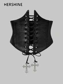 Hershine 1 pezzo Cintura vita da donna con decorazione a croce e occhielli, adatta per yoga quotidiano e modellatura, cintura corpetto vintage. Adatta per circonferenza busto sotto il seno delle donne, cintura vita in PU aderente - nero - Visualizzare 2