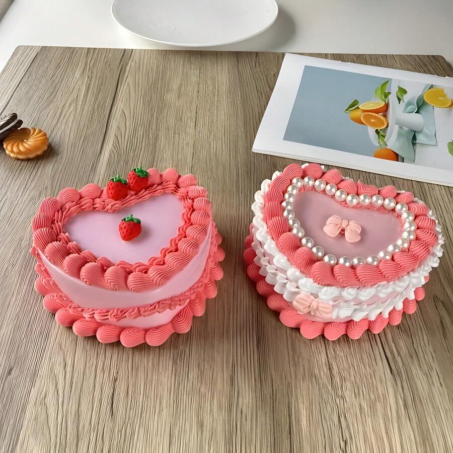 Heart-Shaped Jewelry Organizer With Mirror & Drawer - Realistic Strawberry Cream Cake Design, Pink And White Plastic Desktop Storage Box, Suitable For Necklaces, Earrings, Headbands - Valentine's Day/Mother's Day Gift, Jewelry Gift Box, Romantic Aesthetic Decoration. - hộp đựng đồ trang sức - Xem 1