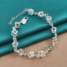 925 Silver Plated Square Zirconia Chain Bracelet For Women Men Wedding Party Fashion Jewelry - Silver - View 5