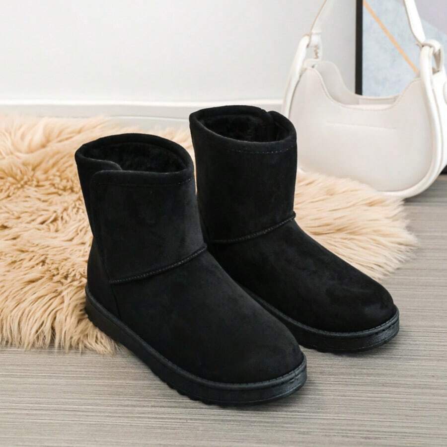 女士加厚纯色户外人造毛皮内衬雪地靴，休闲冬季户外