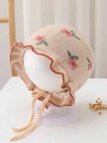 1pc Infant Cute Ruffle Flower Winter Warm Earflap Beanie Hat, Princess Style Knitted Tie-Up Cap For Outdoor