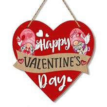 1件情人节木制装饰品，婚礼墙饰，农舍风格情人节门饰，心形矮人情人节墙饰，木制快乐心形门挂 - 彩色 - 查看 4