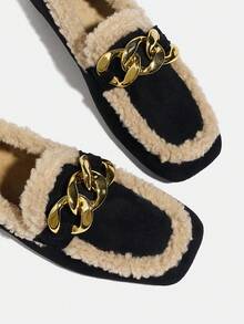 Giày lười nữ cổ điển, mũi vuông màu đen, thiết kế khoen kim loại, giày lười đa năng mới, thoải mái và ấm áp cho mùa đông - màu đen - Xem 8