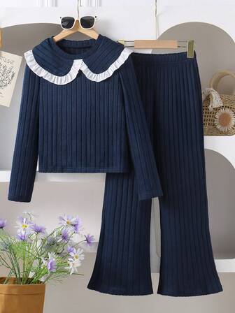 2025 Spring New 2pcs/Set Girls Casual Solid Color & Striped Ruffle Collar Long Sleeve T-Shirt And Straight Leg Pants Set, Toddler & Kids