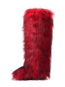 Women's Winter Furry Snow Boots For Women Fluffy Round Toe Suede Booties Flat Heel Slip On Outdoor Indoor Shoes Fashion Warm Fluffy Christmas Shoes - 過膝紅色 - 查看 10