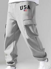 1pc Tween Boy Thick Thermal Lined Letter Print Casual Pants, Fashion Outdoor Cargo Trousers With Large Pockets, Comfortable For Autumn/Winter - Grey - View 5