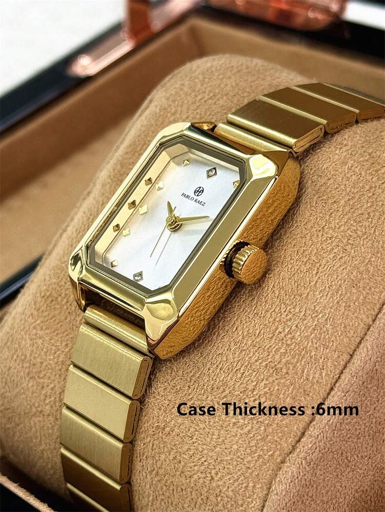 Pablo Raez 18K 金优雅女士腕表，复古金色不锈钢女士长方形腕表，奢华原创珠宝，永不褪色女士正装腕表，钢制金属表带，方形表壳，顶级全新 AAA 级设计复古腕表。 - 均碼 - 查看 10