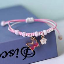 1pc Cute Butterfly Flower Charm Braided Bracelet, Girl Adjustable Hand Jewelry Holiday Gift, Butterfly Jewelry - 粉色 - 查看 3