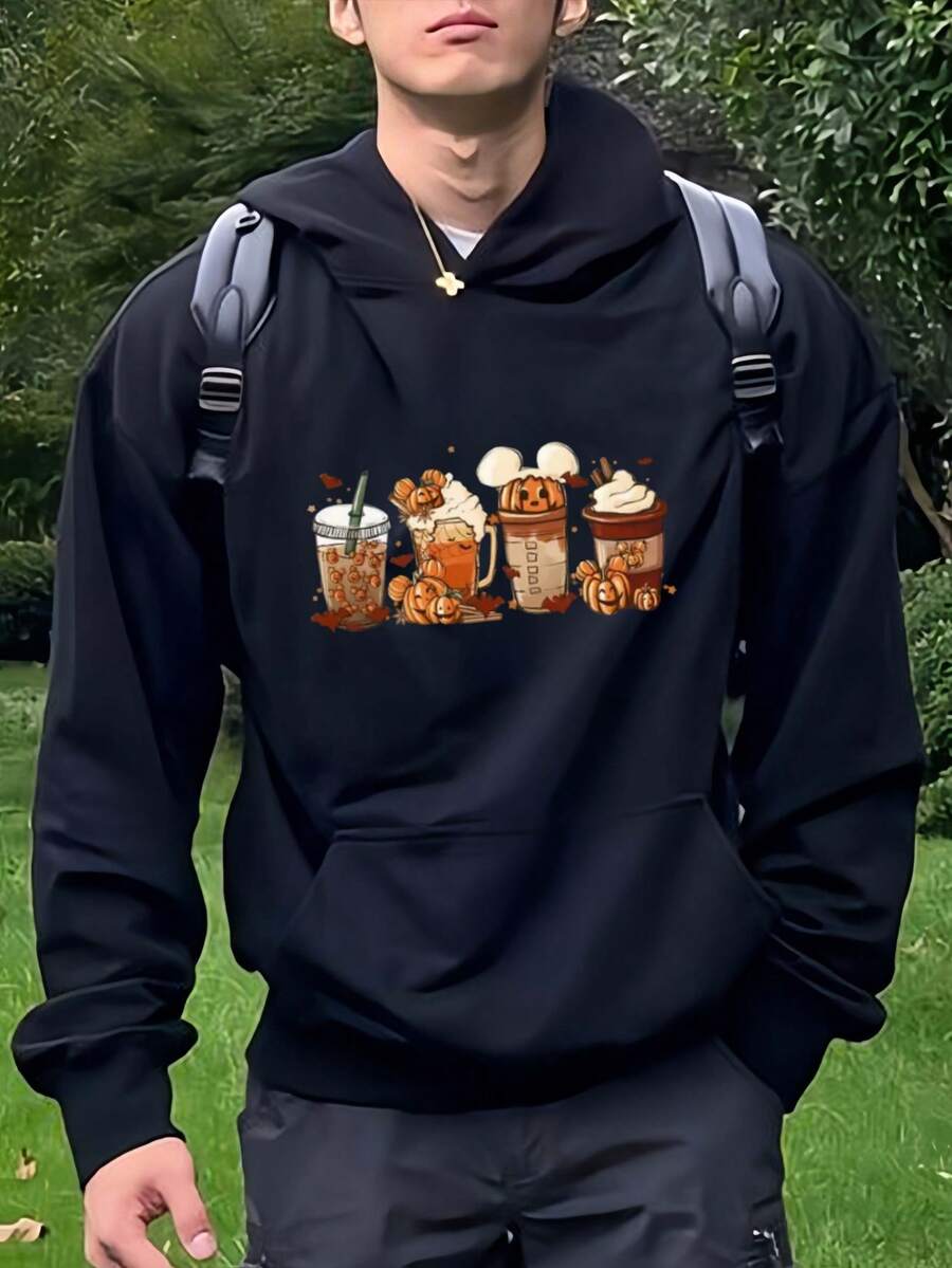 Envío dentro del país, entrega al día siguiente. Sudadera con capucha para hombres, diseño de estampado moderno, apta para primavera y otoño, estilo deportivo y casual, corte amplio y versátil, sudadera con capucha. - Negro - Ver 1