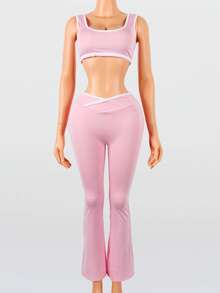 FQLWL 女士夏季街头修身套装，纯色背心搭配粉色长裤 - 粉色 - 查看 2