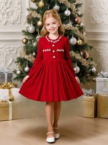 Young Girl Vacation Fashion Pearl Decor Round Neck Long Sleeve A-Line Knit Sweater Dress, Comfortable & Soft, Suitable For Daily, Outdoor, Travel, Vacation, Home, Daycare, School Wear, Spring/Autumn/Winter