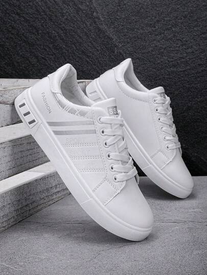 Men's White Sneakers Suitable For Sports & Outdoor, Lightweight Non-Slip Flat Shoes, Lace-Up White Shoes, Suitable For All Seasons, Students, Spring And Autumn, Low-Top Men's Shoes (Please Order One Size Up As The Size Runs Small)