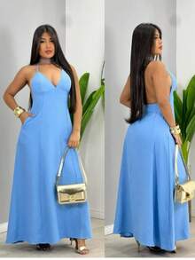 Vestidos Longo Alcinha Amarração No Pescoço Soltinho Confortável Novidade Verão Moda Feminina