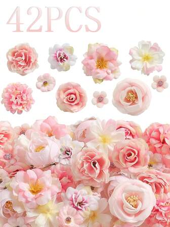 42个仿真花头，包括玫瑰、雏菊和牡丹花头，适用于DIY婚礼派对餐桌布置、派对用品、轻型花卉装饰、婚礼、派对、家居装饰、毕业帽花卉装饰，适合DIY爱好者和手工爱好者。