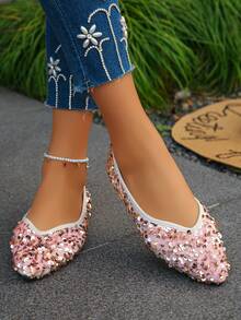 Giày bệt mũi nhọn đính sequin thời trang mới cho mùa xuân/thu cỡ lớn EU size 35-45, thanh lịch, đa năng và thoải mái, phù hợp để mặc hàng ngày với váy - Nền móng-Kim sa vàng - Xem 6