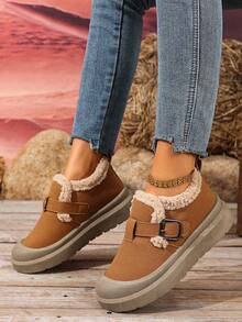 1 Pair Women's Korean Style Snow Boots, Buckle Design, Low-Top Short Plush Winter New Outdoor Snow Boots, Cold-Resistant, Anti-Slip, Wear-Resistant - Khaki - View 7