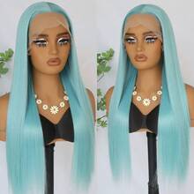 13x4 Lace Front Wig For Women Synthetic Long Silky Straight Hair Free Part Frontal Lace Heat Resistant Soft Fiber Ice Blue Color Wig 26 Inches 180% Density Pre Plucked For Daily Makeup Use Ready To Wear - Blue - View 3