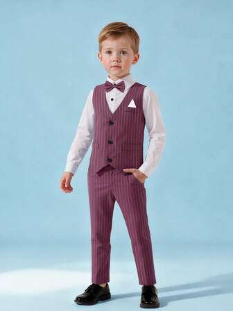 2024 New Gentleman Suit For Young Boys, 4pcs Set: White Shirt + Striped Vest + Pants + Bow Tie, Young Boy Formal Wear For Party, Wedding, Casual Occasions
