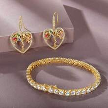 MDFUN 1 Peça Conjunto de Pulseira de Pedra de Zircônia Dourada Fashionable & Versátil de 4,0 mm + Brincos de Árvore da Vida de Coração Oco de Zircônia, Adequado para Uso Diário de Mulheres, Presente de Natal