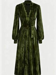 大码女士法式蕾丝拼接深V领褶皱质感天鹅绒晚礼服 - 綠色 - 查看 4