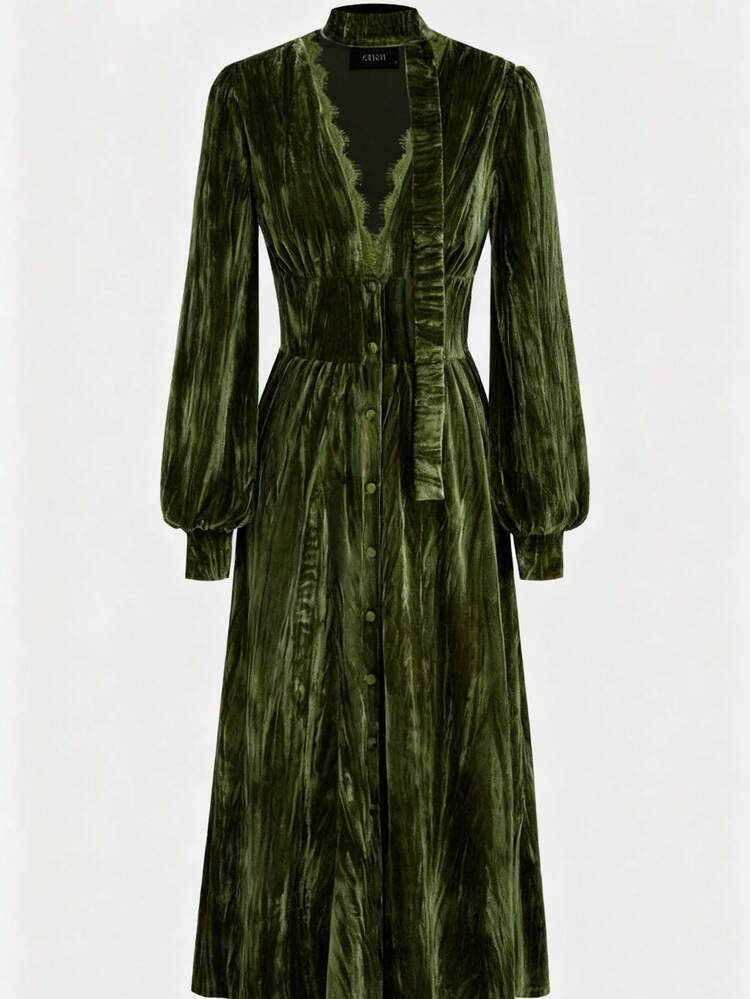 Plus Size Solstice Apparel Olive Green Crushed Velvet Halter Maxi Dress, Plus Size V-Neck Lace Patchwork Waist Cinched Dress, Retro Royal Style, Perfect For Christmas Parties & Dates, Fall Winter Versatile Dress Spring Elegant - Green - View 4