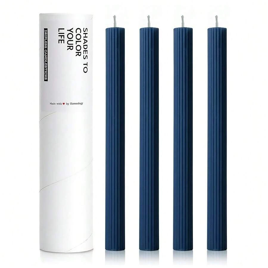10inch Candle Sticks, Ribbed Taper Candles, Navy Blue, 4-Pack, Unscented{Inchsize_nameinch:InchRibbedinch,Inchcolor_nameinch:InchNavyBlueinch} - Navy Blue - View 1