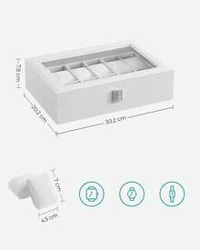 Caja de Relojes con 12 Compartimentos, Estuche de Relojes con Tapa de Cristal, Cojín Extraíble, Cierre Metálico, Regalo, Cuero Sintético Blanco y Forro Blanco - Blanco - Ver 6
