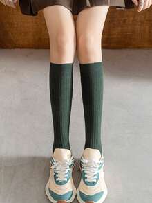 3 Pairs Women's Solid Color Vertical Striped Simple JK Style Over The Calf Socks, Cozy Socks