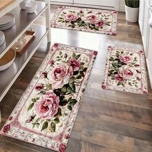 Alfombra de baño con patrón floral rosa retro - Felpudo rectangular de material sintético, absorbente y antideslizante, adecuado para dormitorios, baños, inodoros, entradas de cocina y otras decoraciones del hogar, para todo el año - Blanco - Ver 1