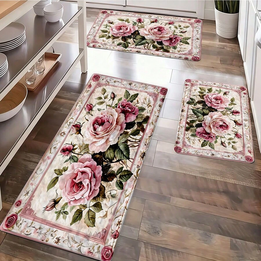 Retro Pink Floral Pattern Bathroom Mat - Faux Material Rectangular Mat, Absorbent And Non-Slip, Suitable For Bedrooms, Bathrooms, Toilets, Kitchen Entrances, And Other Home Décor, All-Season - 白色 - 查看 1