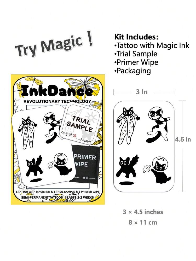 1套“可爱小猫”革命性科技纹身贴纸，半永久纹身，临时纹身，持久防水，逼真纹身效果，植物配方，产品代码X023 - 黑色 - 查看 3