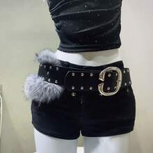 1pc PU Leather Rivet Fleece-Lined Perforated Belt: Punk Street Style Y2K Aesthetic Cool Women's Waist Strap - Pairs With Dresses, Casual Pants & Jeans - A款紅色 - 查看 4